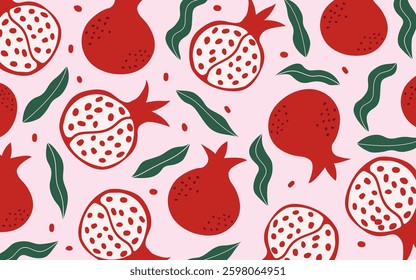 Hand-painted pomegranate illustration seamless pattern on pink background for packaging, cover, textile, wallpaper