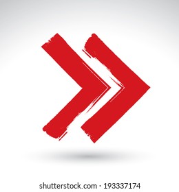 Hand-painted rewind sign isolated on white background, simple red rewind icon, created with real hand drawn ink brush scanned and vectorized.