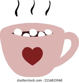 Handpainted romantic pink Valentine’s Day vector illustration of a mug with heart with hot chocolate. Ideal for print, graphic design, collage, stickers, scrapbooking, web and other creative projects.