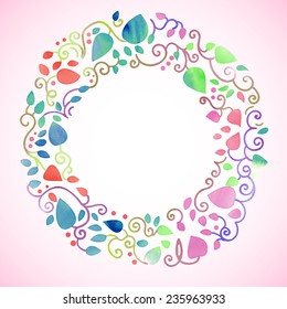 Hand-painted round frame made of watercolor leaves and branches. Soft color decor, vector illustration.