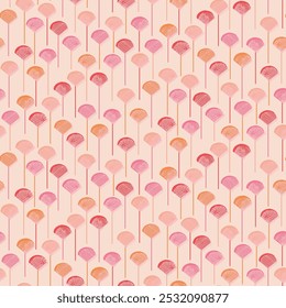 Handpainted scattered hatched and crosshatched shell shaped lollipops in light pink, light orange and pastel peach on a cream background. A seamless vector pattern.Great for homedecor,fabric,wallpaper