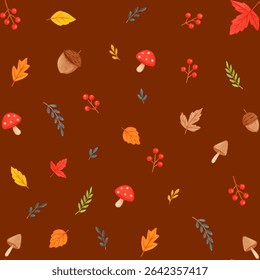 Hand-painted seamless fall pattern in a soft watercolor style. The design includes autumn leaves, red berries, acorns, branches, and various mushrooms, arranged organically on a transparent background