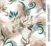 Hand-painted seamless floral pattern featuring large blossoms with flowing teal swirls on a beige background, perfect for fabric and wallpaper.