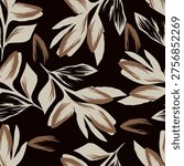Hand-painted seamless floral pattern featuring large blossoms with flowing teal swirls on a beige background, perfect for fabric and wallpaper.

