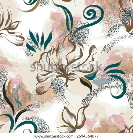 Hand-painted seamless floral pattern featuring large blossoms with flowing teal swirls on a beige background, perfect for fabric and wallpaper.