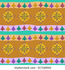 Hand-painted seamless pattern with ethnic motifs in multiple bright colors. Vector illustration. Suitable for backgrounds, invitation, web, textile designs, wallpapers, wrapping paper, etc.