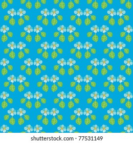 Handpainted seamless vector pattern with blue flowers and green leaves on a blue background