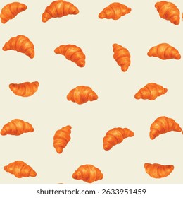 Hand-painted seamless watercolor pattern featuring golden brown croissants arranged in various angles on a transparent background. Ideal for bakery branding, kitchen textiles, food packaging, wrapping - Powered by Shutterstock - Get 15% off with code: PIKWIZARD15