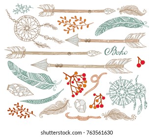 Hand-painted set in Boho style with arrows, feathers, dreamcatcher, plants, stones and a rope.