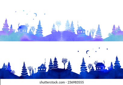 Hand-painted set of two watercolor borders with blue country landscape: silhouettes of fir trees, houses, moon, stars and lantern. Each one is seamless. Vector illustration on white background. 