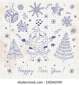 Hand-painted set of Xmas elements for design. Santa Claus, Christmas trees, snowflakes, stars. Vector illustration.