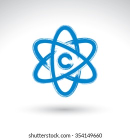 Hand-painted simple vector molecule model icon isolated on white background, atom symbol, created with real hand drawn ink brush scanned and vectorized. 