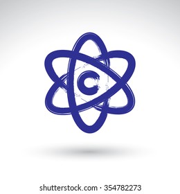 Hand-painted simple vector molecule model icon isolated on white background, atom symbol, created with real hand drawn ink brush scanned and vectorized. 