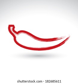 Hand-painted simple vector red hot chili pepper icon isolated on white background, Mexican burning pepper symbol, created with real hand drawn ink brush scanned and vectorized. 