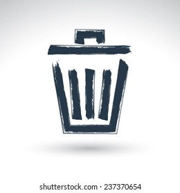 Hand-painted simple vector trash can icon isolated on white background, metallic dustbin symbol, created with real hand drawn ink brush scanned and vectorized. 