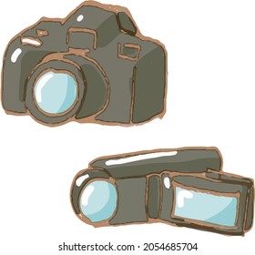 Cámara SLR pintada a mano y camascopio