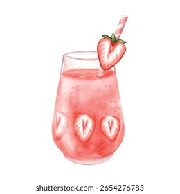 Hand-painted strawberry smoothie in a glass with sliced strawberries and paper straw.
Perfect for summer beverage designs, cafe menus, and food packaging. Vector illustration.