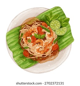 Handgemalte Draufsicht auf authentische Thai Som Tum mit Garnelen, Chilischoten, Tomaten und Kalk auf einem Teller mit einem Bananenblatt serviert.