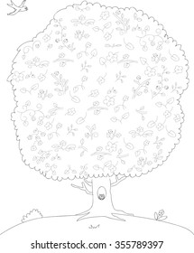 Hand-painted tree with leaves and flowers, with the owl in the hollow, black-and-white image on a transparent background
