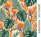 Hand-painted tropical seamless pattern featuring Monstera leaves and Bird of Paradise flowers. This vibrant watercolor design is ideal for summer-themed projects, fabric prints, wallpaper, packaging, 