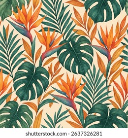 Hand-painted tropical seamless pattern featuring Monstera leaves and Bird of Paradise flowers. This vibrant watercolor design is ideal for summer-themed projects, fabric prints, wallpaper, packaging, 