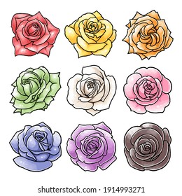 [Hand-painted vector illustration material] Hand-painted rose illustration set 9 colors