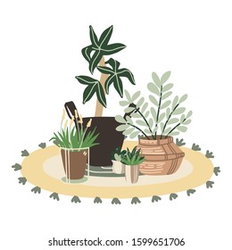 Hand-painted vector interior plants illustration composition on white background 