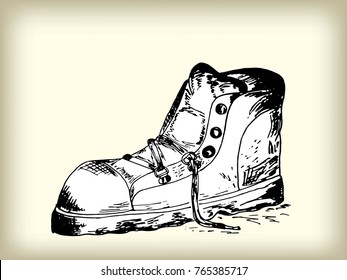 Hand-painted vector old traveler's boot. Massive brutal shoes. Hipster style. Concept travel, discovery and tourism. Sketch shoes illustration. Doodle is black and white.