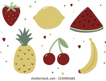 Handpainted vector pastel pencil cute set of illustrations of colorful summer fruit. Ideal for print, collage, stickers, scrap booking, graphic design and other.