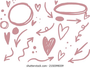 Grunge de lápices pastel vectorial pintado a mano conjunto de ilustraciones del amor los corazones, flechas, círculos y bocetos del día de San Valentín. Ideal para impresión, collage, pegatinas, reserva de chatarra, diseño gráfico y otros.