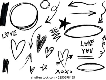Handpainted vector pastel pencil grunge set of illustrations of love Valentine’s day hearts, arrows, circles and sketches. Ideal for print, collage, stickers, scrap booking, graphic design and other.