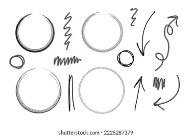 Esbozo de lápiz vectorial pintado a mano conjunto de trazos de pincel, salpicaduras, marcas de tiza, flechas, círculos y manchas. Ideal para imprimir, pegatinas, collage, reserva de chatarra, diseño gráfico y otros proyectos creativos