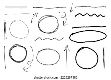 Handpainted vector pencil sketch set of brush strokes, splashes, chalk marks, arrows, circles and smudges. Ideal for print, stickers, collage, scrap booking, graphic design and other creative projects