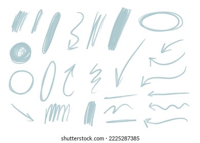 Esbozo de lápiz vectorial pintado a mano conjunto de trazos de pincel, salpicaduras, marcas de tiza, flechas, círculos y manchas. Ideal para imprimir, pegatinas, collage, reserva de chatarra, diseño gráfico y otros proyectos creativos