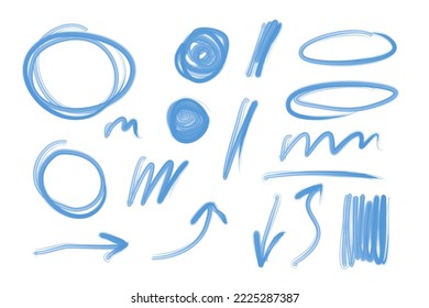 Handpainted vector pencil sketch set of brush strokes, splashes, chalk marks, arrows, circles and smudges. Ideal for print, stickers, collage, scrap booking, graphic design and other creative projects