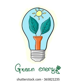 Handpainted vector stylized "Green energy" lightbulb with leaves and sun