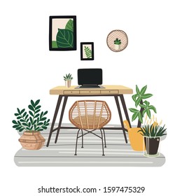 Hand-painted vector table with computer and chair workplace interior illustration on white background 