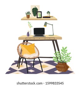 Hand-painted vector table with computer and chair workplace interior illustration on white background 