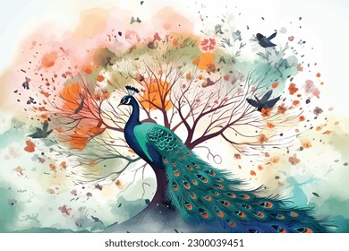 Handgemalt Mauermatratze | Aquarellfarbener Vektorhintergrund mit Pfau