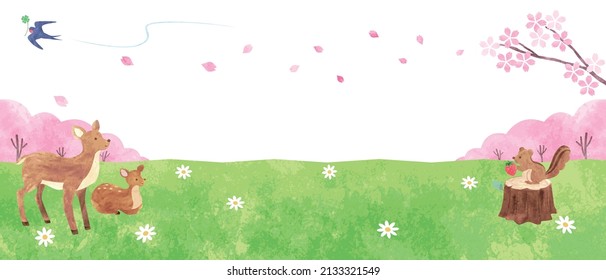 Hand-painted watercolor background illustration of cute animals in a field in spring.