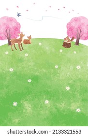 Hand-painted watercolor background illustration of cute animals in a field in spring.