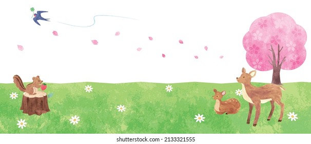 Hand-painted watercolor background illustration of cute animals in a field in spring.