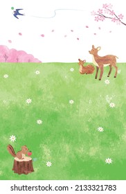 Hand-painted watercolor background illustration of cute animals in a field in spring.