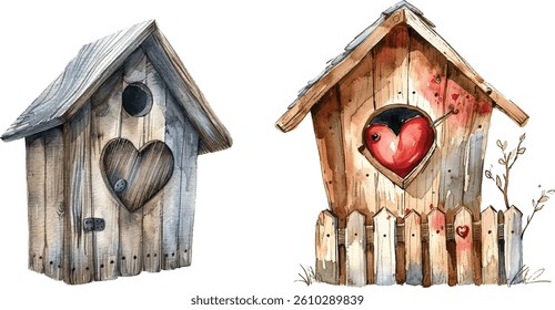 Hand-Painted Watercolor Birdhouse Illustration – Wooden House with Heart-Shaped Entrance, Symbol of Love, Isolated on White Background, Vector Art