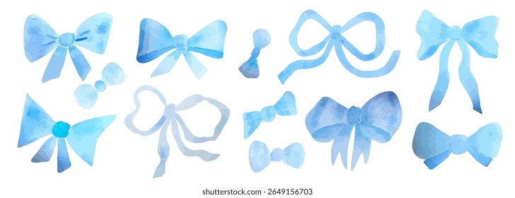 Hand-painted watercolor blue bows illustration set