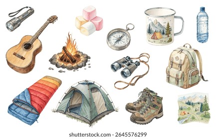A hand-painted watercolor camping bundle featuring essential outdoor gear and cozy adventure elements. This set includes a tent, sleeping bag, boots, backpack, map