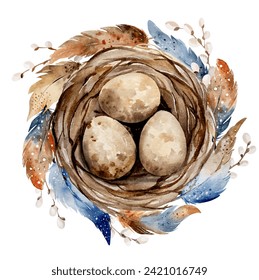 Hand-Painted Watercolor Depicts Nest With Eggs And Beautiful Feathers