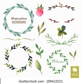 Hand-painted watercolor design elements. Floral motifs. Watercolor vintage floral trendy set of wreaths and laurels. Frame set.