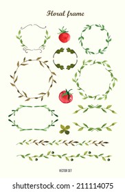 Hand-painted watercolor design elements. Floral motifs. Watercolor vintage floral trendy set of wreaths and laurels. Frame set.