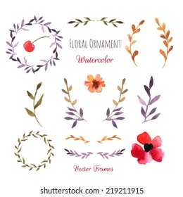 Hand-painted watercolor design elements. Floral motifs. Watercolor vintage floral trendy set of wreaths and laurels. Frame set